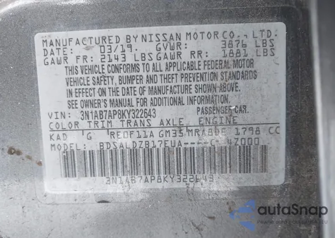 2019 Nissan Sentra Sv z USA, uszkodzony, nr VIN 3N1AB7AP8KY322643